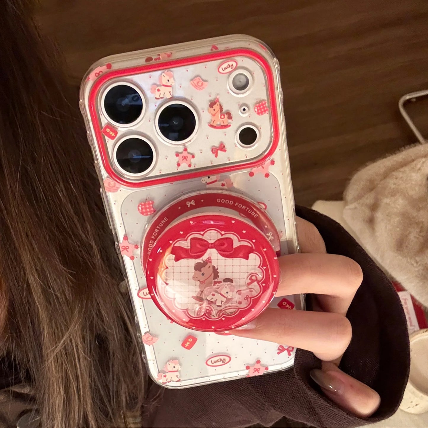 2026 Korean Cartoon Pony Quicksand Magnetic Bracket Phone Case For iPhone