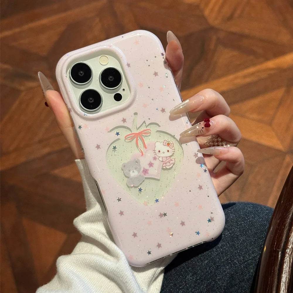 Cute Pink Star Flash Strawberry Kitty Phone Case For iPhone