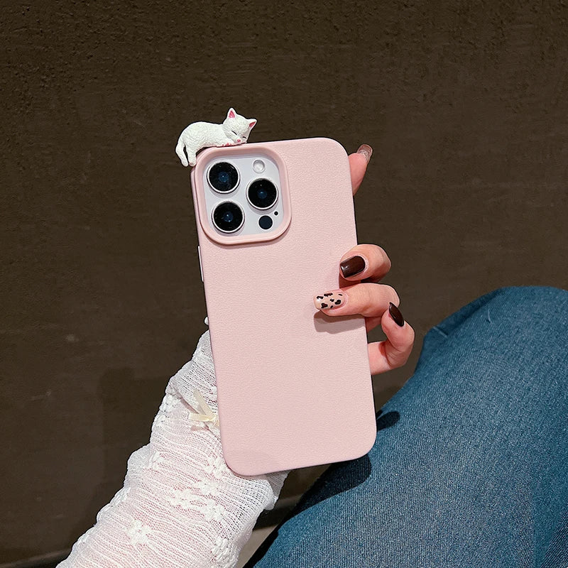 Cute 3D Cartoon Lying Cat Lychee Pattern Leather Phone Case For iPhone