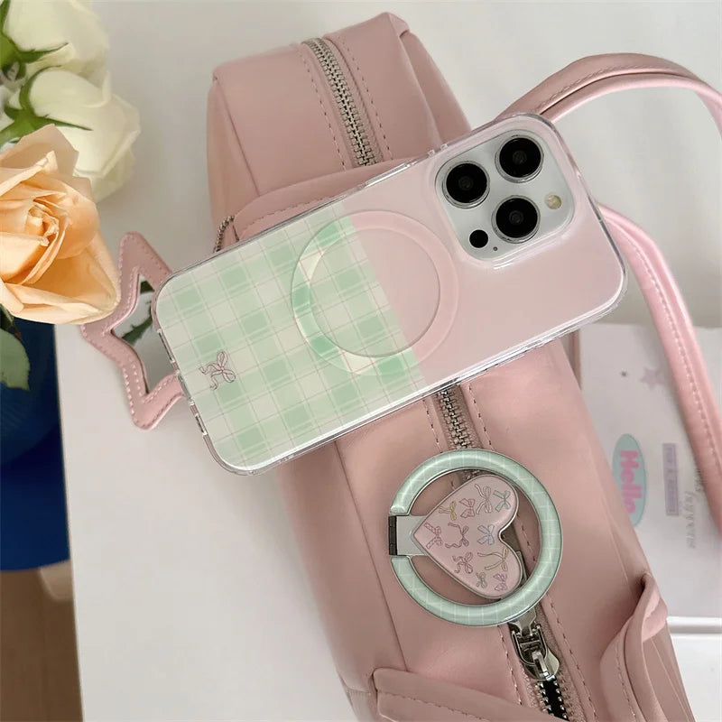 Fashion Pink Green Plaid Pattern Magnetic Phone Case