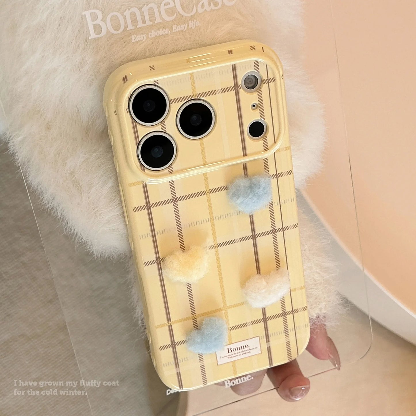 Korean Grid Pattern 3D Furry Plush Love Heart Phone Case For iPhone