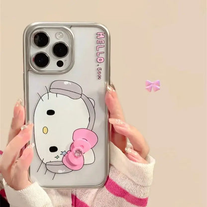 Hello Kitty Big Face Music Pink Bow Strap Phone Case For iPhone