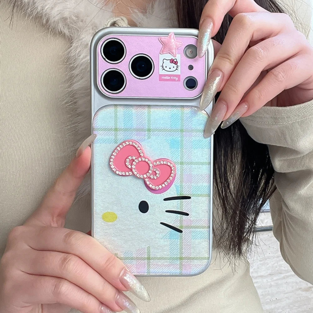 Luxury Cute Drip Glue Color Changing Grid Pattern Kitty Phone Case For iPhone