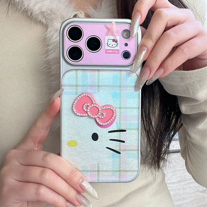 Luxury Cute Drip Glue Color Changing Grid Pattern Kitty Phone Case For iPhone