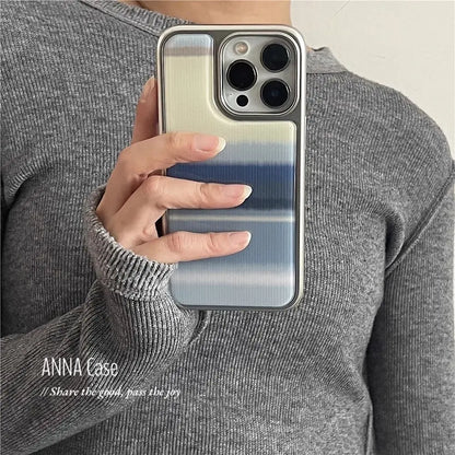 Creative Minimalist Blue Gradient Resin Casting Silver Frame Phone Case For iPhone