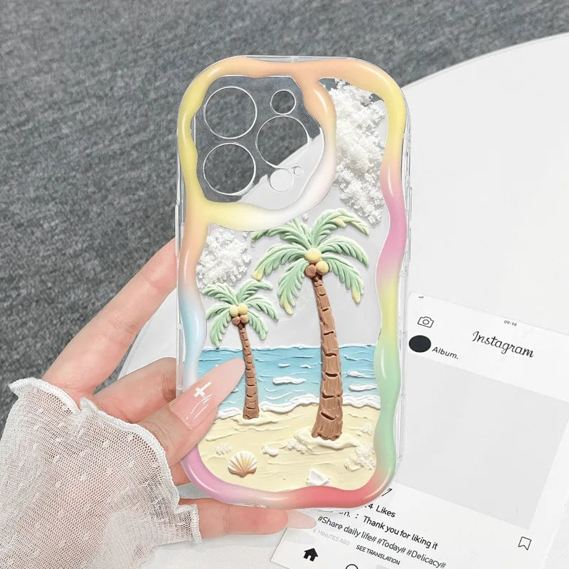 Summer Beach Coconut Trees Wavy-edge Phone Case For iPhone