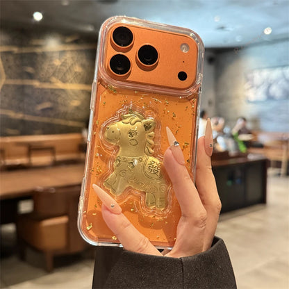 Clear Bling Bling  Glitter Gold Horse Phone Case For iPhone