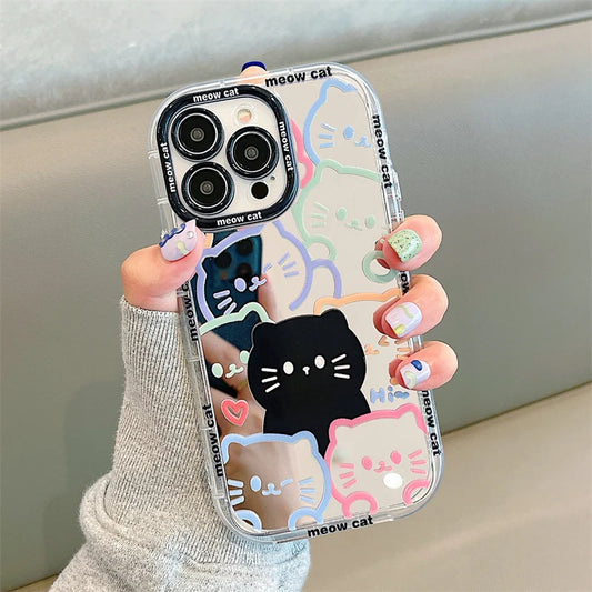 Cute Hello Cat Plating Mirror Painte Lines Phone Case