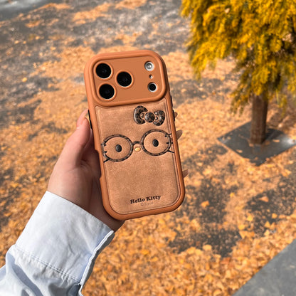 Brown Cute Leather Leopard Print Glasses Kiity Phone Case Suitable For iPhone