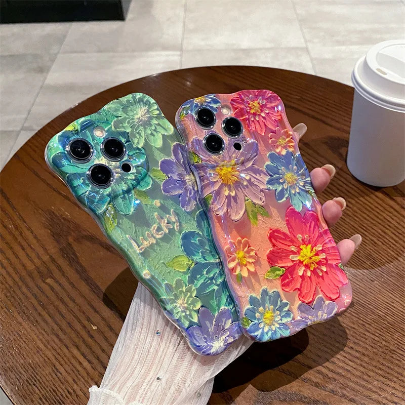 Retro Blue Light Oil Painting Flowers Wavy Silicone Phone Case For iPhone