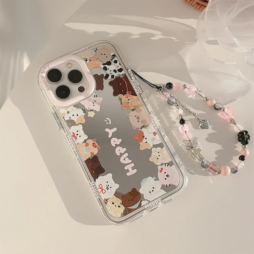 Korean Make Up Mirror Cartoon Kitten Phone Case Lanyard For iPhone