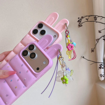Sweet Cute Flowers Print Stereoscopic Rabbit Ears With Pendant Shock Proof Phone Cover Case For iPhone