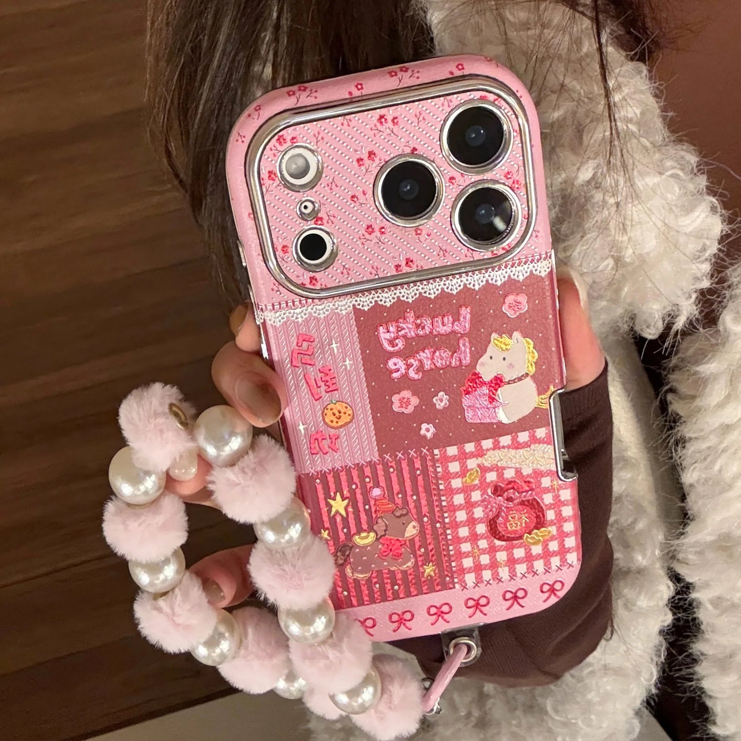 Korean Cartoon Horse Splicing Leather Texture Phone Case For iPhone