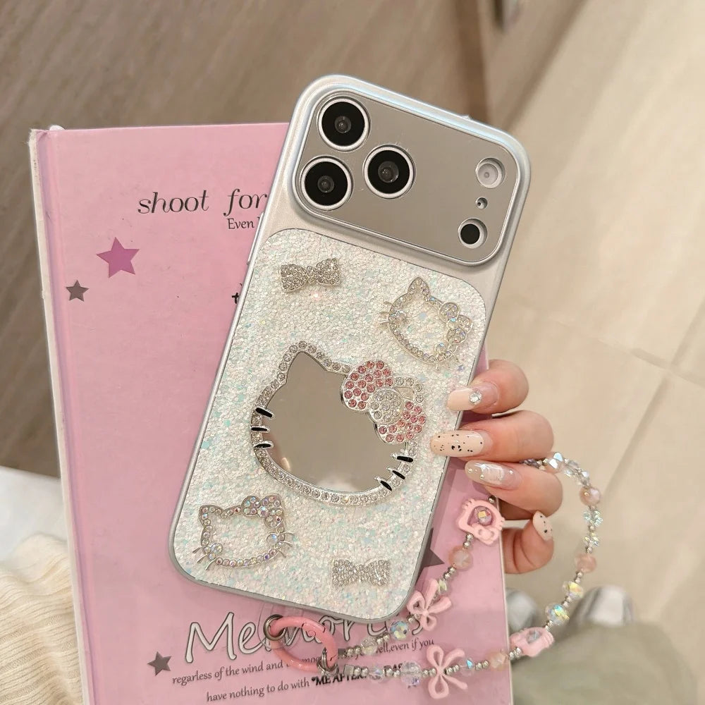 3D Cute Cartoon Sanrio KT Bling Glitter Makeup Mirror Phone Case For iPhone