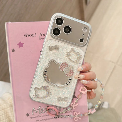 3D Cute Cartoon Sanrio KT Bling Glitter Makeup Mirror Phone Case For iPhone