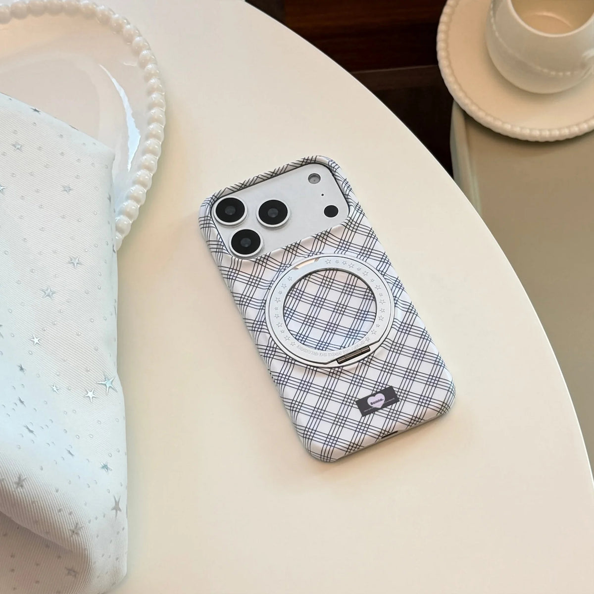 Korean Grid Pattern Fold 360° Rotating Ring Magnetic Bracket Phone Case For iPhone