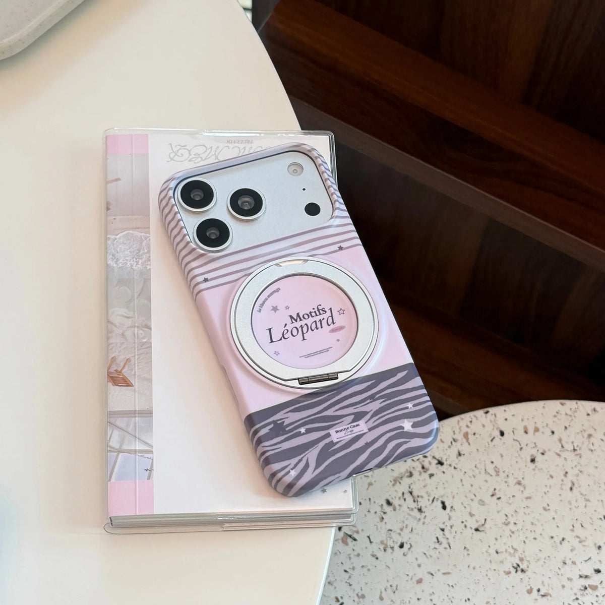 Korean Striped Splicing Fold 360° Rotating Magnetic Bracket Phone Case For iPhone