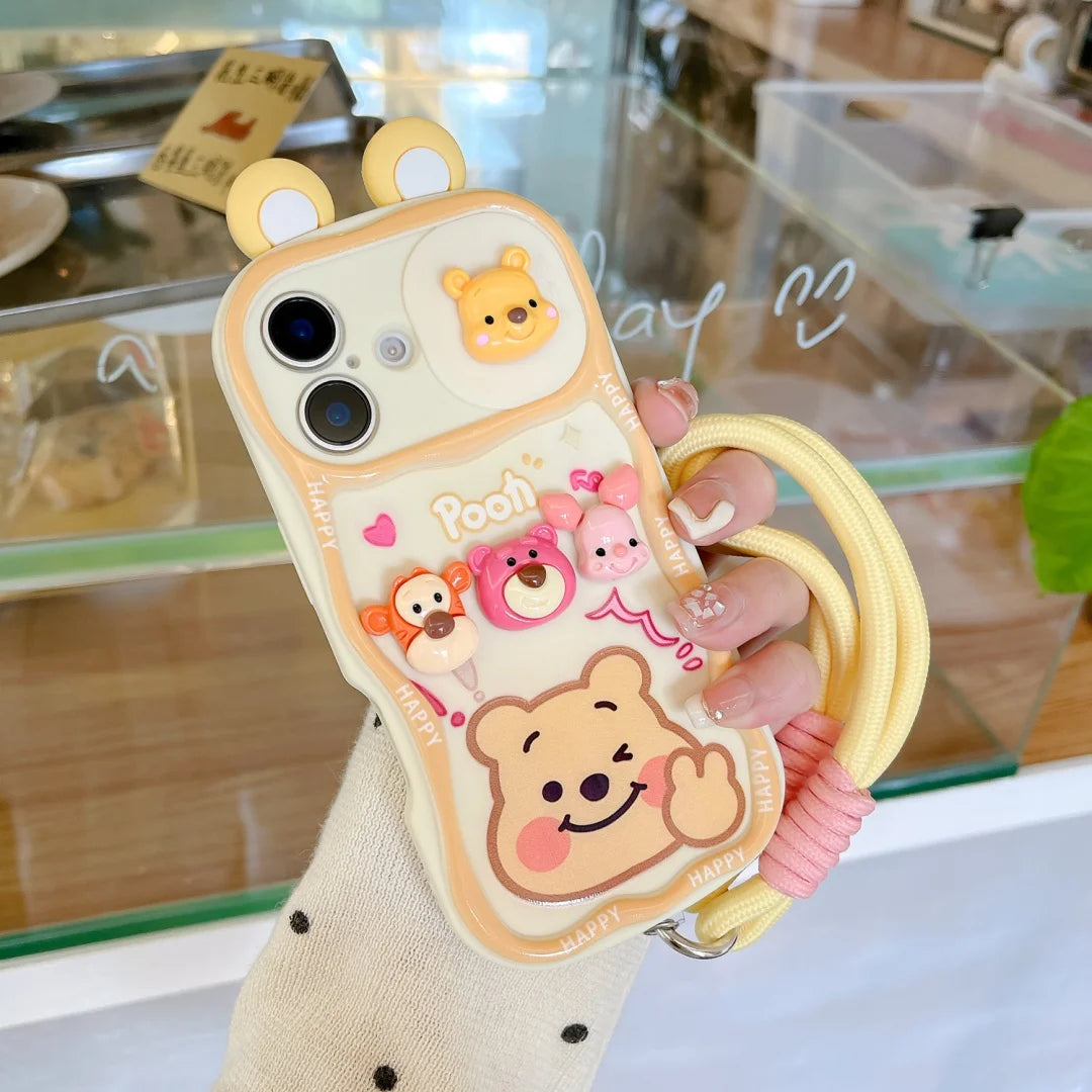 Cute Cartoon Winnie the Pooh Lotso Strap Chain Phone Case For iPhone