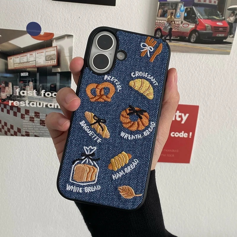 Retro Denim Embrpoidery Bread Toast Warm Fabric Phone Case