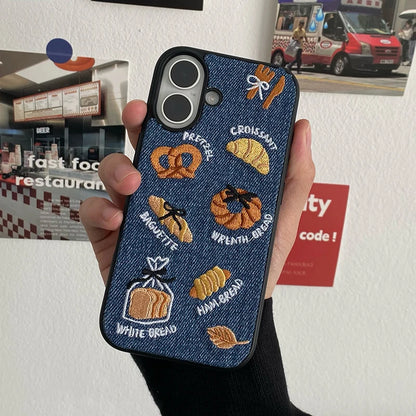 Retro Denim Embrpoidery Bread Toast Warm Fabric Phone Case