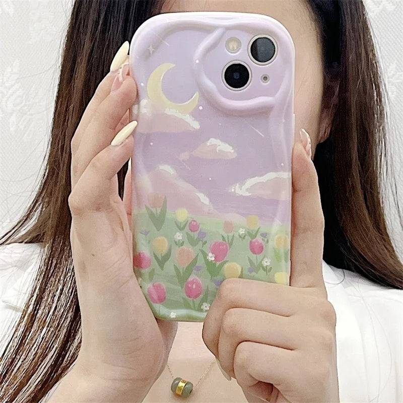 Flower 3D Wavy Curved Edge Soft Clear TPU Phone Case For iPhone