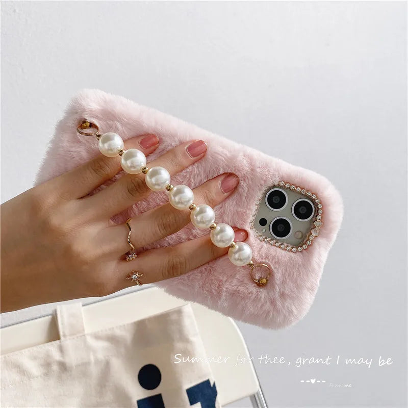 Autumn Winter Hairy Pearl Wrist Strap Phone Case For iPhone