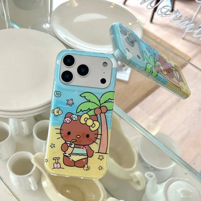 Summer Beach Black Skin HelloKitty Glitter Clear Phone Case Coconut Tree Shockproof Protective Cover For iPhone