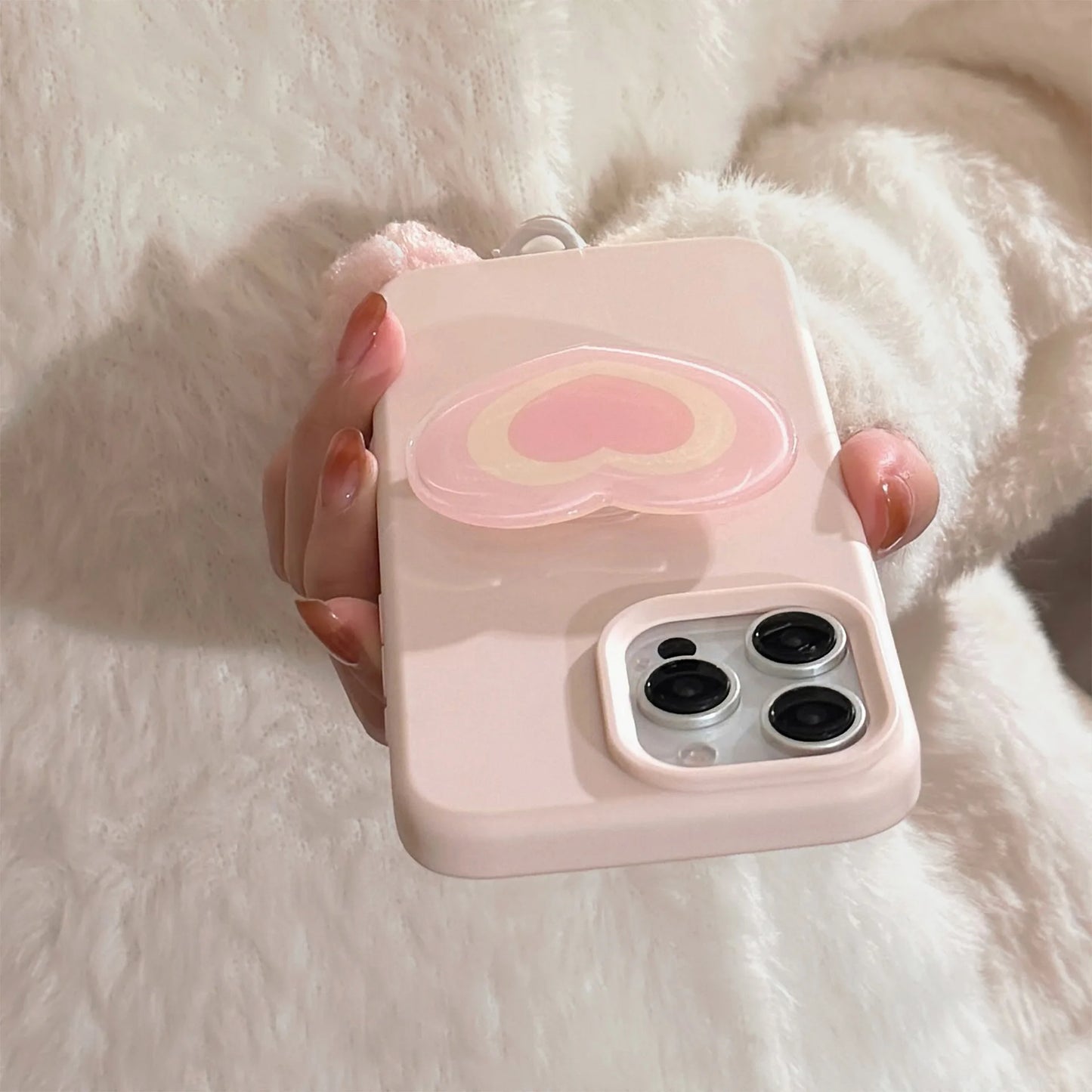 Korean Pink Phone Case With Love Heart Holder For iPhone