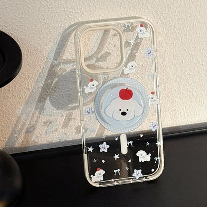 Korean Cute Cartoon Lattice Puppy Bracket Magnetic Phone Case For iPhone