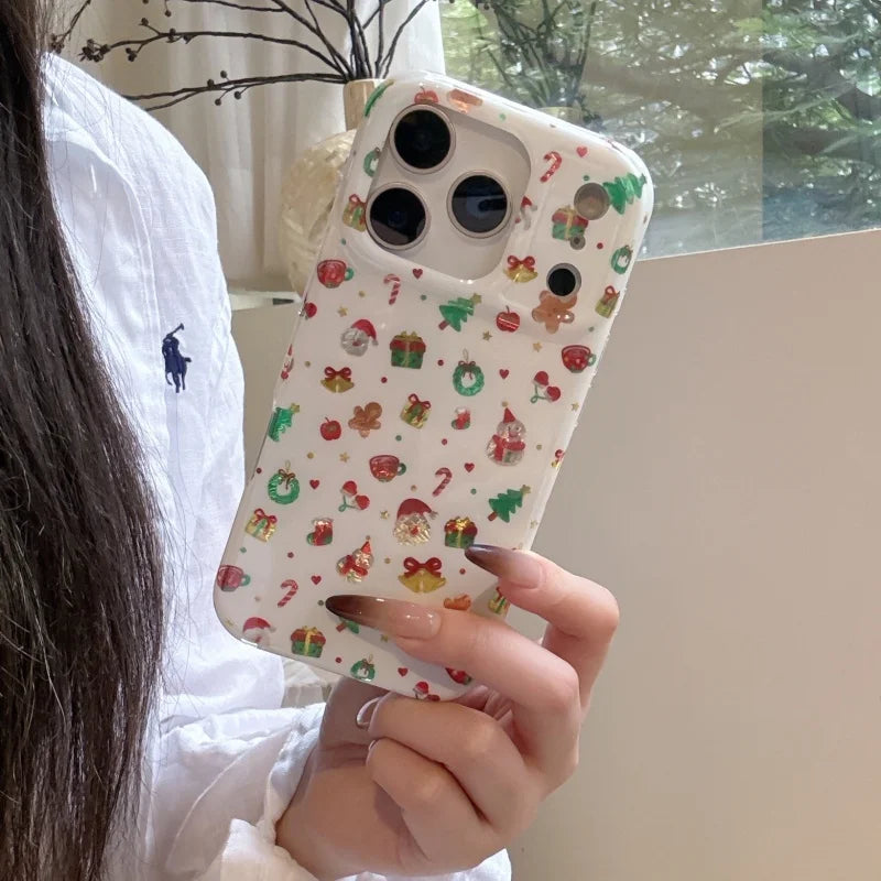 Cute Christmas Cartoon Santa Claus Gingerbread Man Wishing Tree Sparkling Phone Case For iPhone