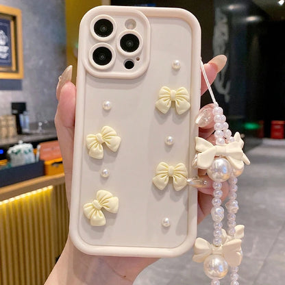 Korean 3D Bowknot Pearl Silicone Phone Case For iPhone