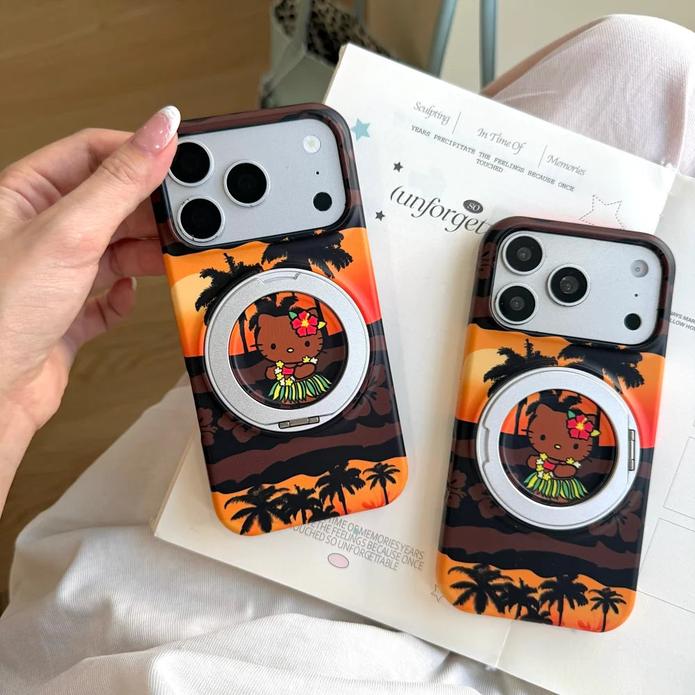 Luxury Black Skin Sanrio Hello Kitty Magnetic Stand Phone Case For iPhone
