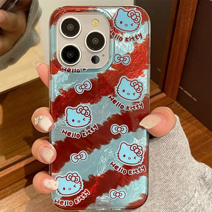 Hello Kitty Blue Brown Stripes Mirror Bow Strap Phone Case For iPhone