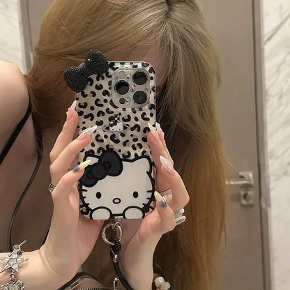 Hello Kitty Leopard Print Diamond Bow Phone Case For iPhone