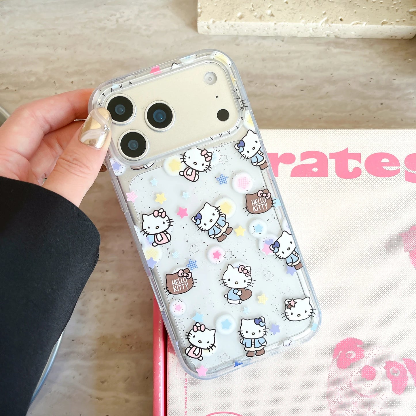 Star Kitty Cat Sparkling Pink Edge Transparent Case Phone Case For iPhone
