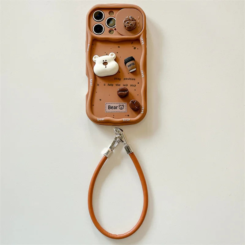 3D Coffee Cartoon Bear Phone Case With Wrist Strap For iPhone