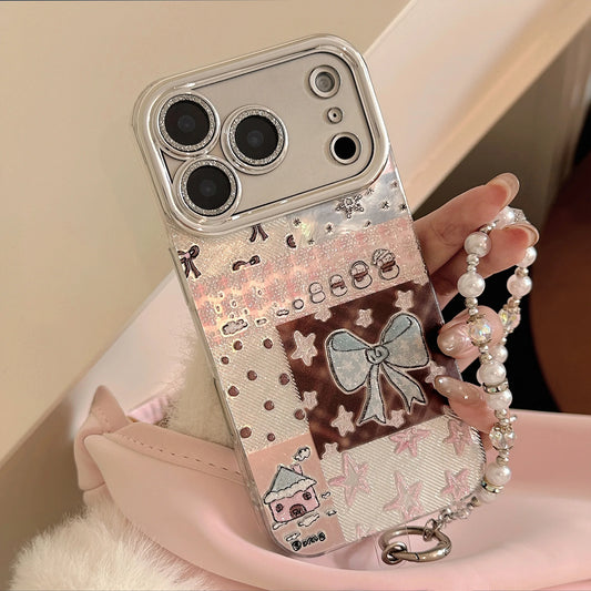 Korean Bowknot Splicing Phone Case With Chain For iPhone