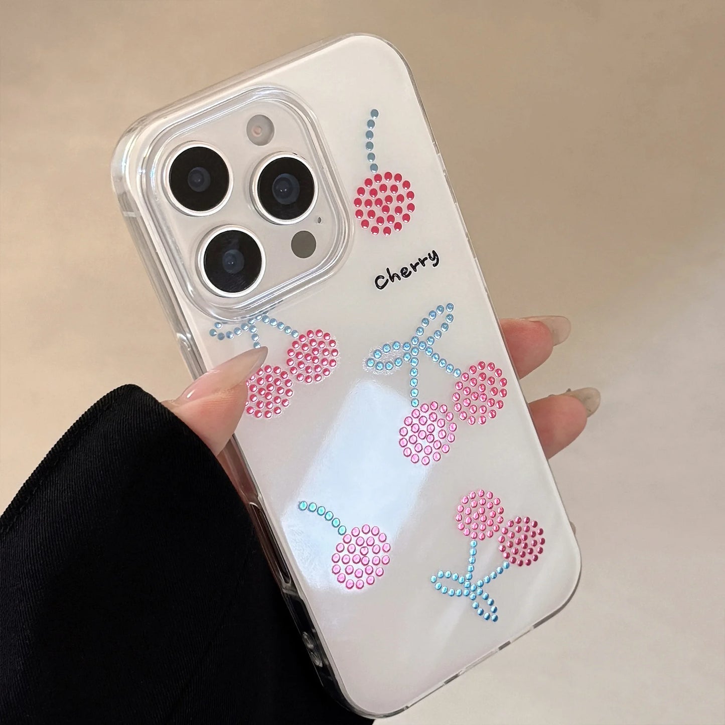 Korean Sparkling Diamond Cherry Phone Case For iPhone