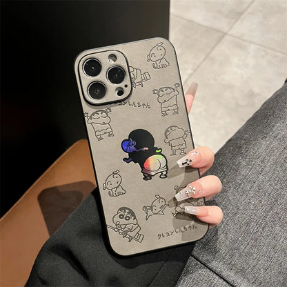Cartoon Crayon Shin-chan Leather Texture Laser Phone Case For iPhone