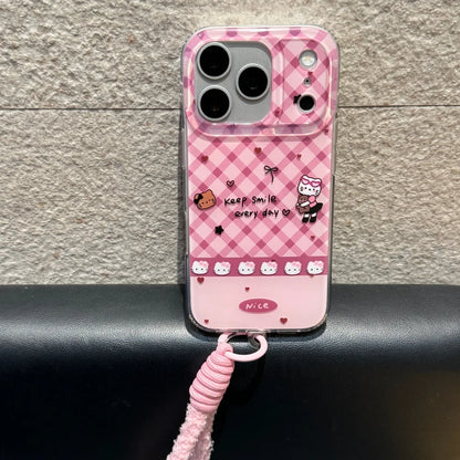 Korean Cute Imd Pink Lingge Kitty Hand Rope Phone Case For iPhone