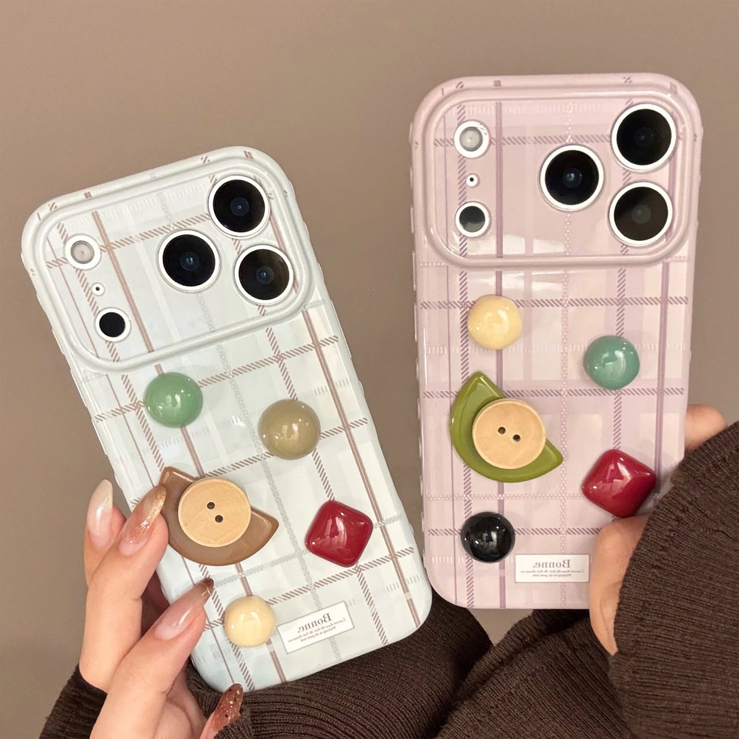 Korean Grid Pattern 3D Geometry Gemstone Button Decoration Phone Case For iPhone