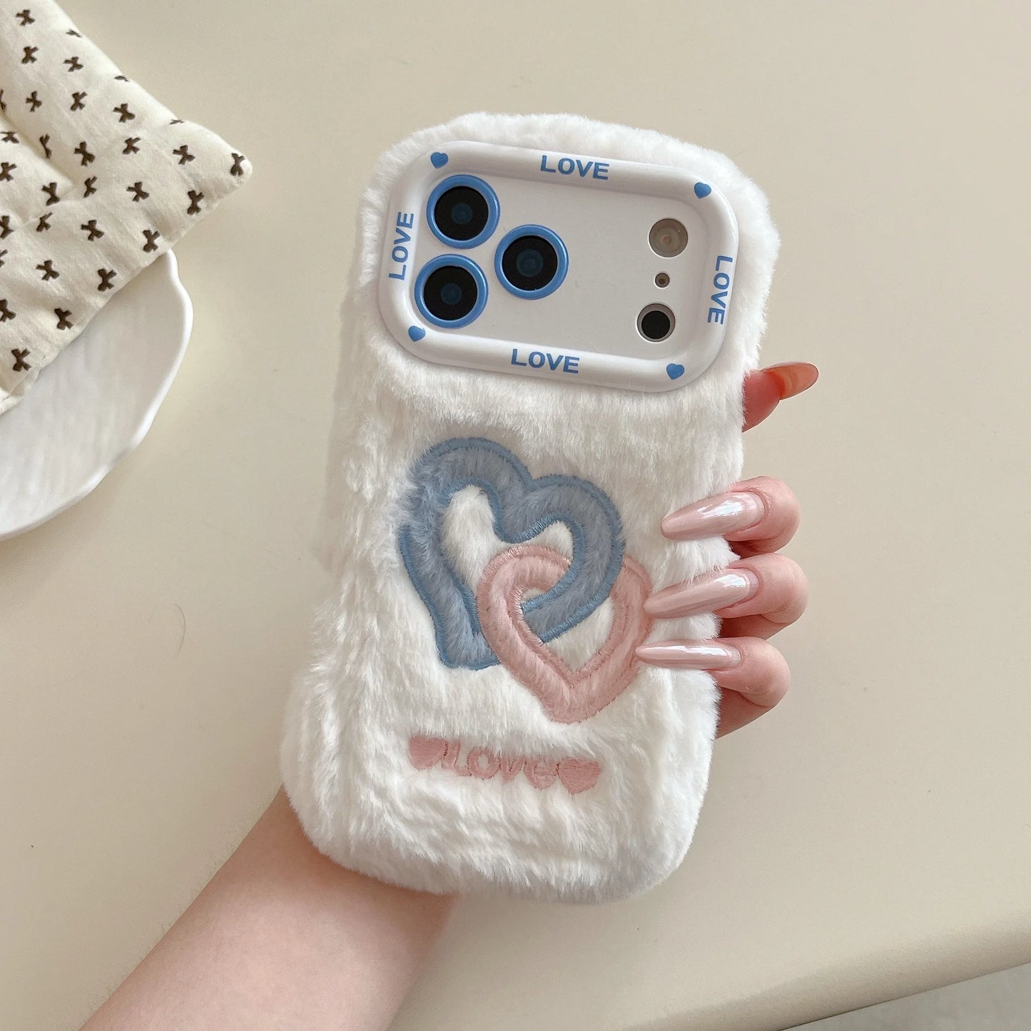 Furry Double Heart Warm iPhone Case For iPhone