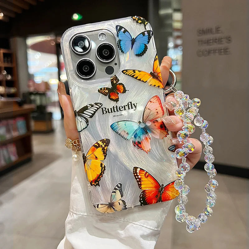 Luxury Letter Butterfly Silver Gradual feather sand Phone Case For iPhone