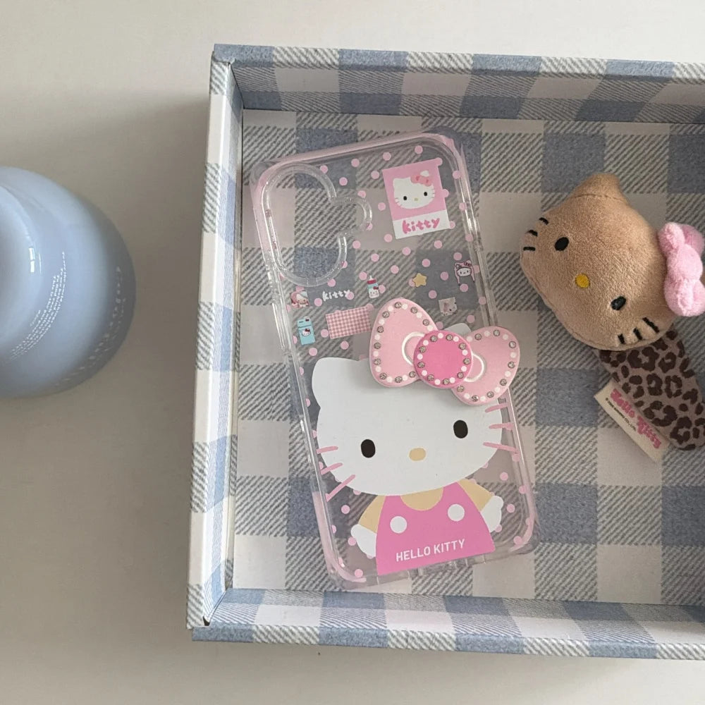 Square Pink Border Hello Kitty Three Dimensional Bow Phone Case For iPhone