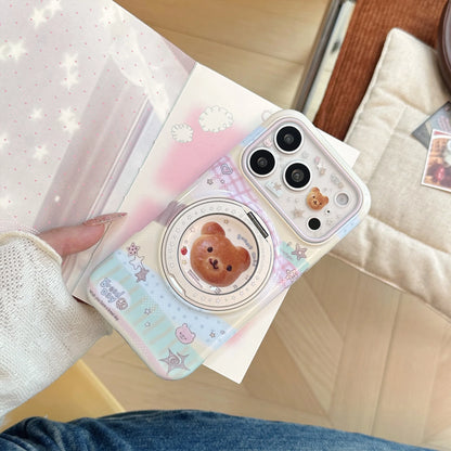 Korean Splicing Fold 360° Rotate Cartoon Bear Bread Magnetic Holder Phone Case For iPhone