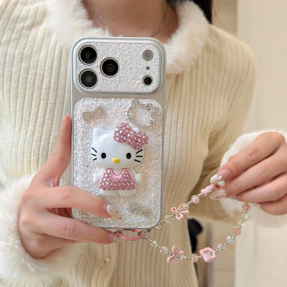Sanrio Hello Kitty Bling Glitter Pearl 3D Cute Cartoon  Phone Case For iPhone