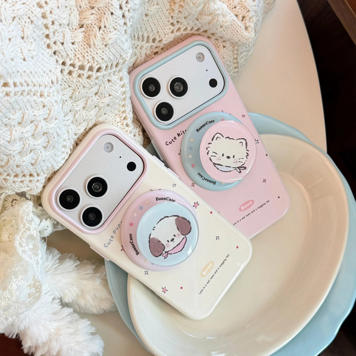 Korean Colorful Stars Cartoon Kitten Puppy Magnetic Holder Phone Case For iPhone
