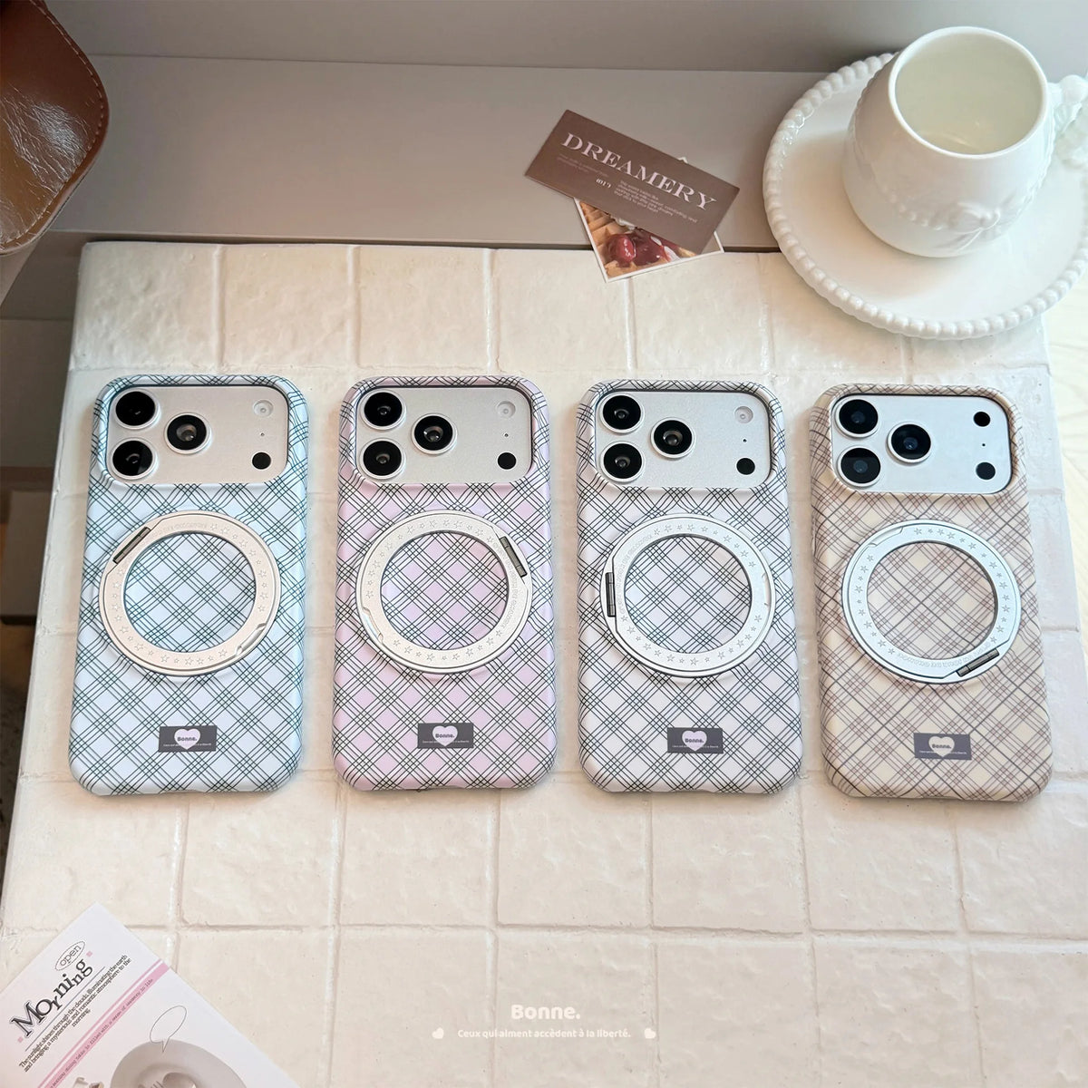 Korean Grid Pattern Fold 360° Rotating Ring Magnetic Bracket Phone Case For iPhone
