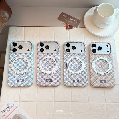 Korean Grid Pattern Fold 360° Rotating Ring Magnetic Bracket Phone Case For iPhone