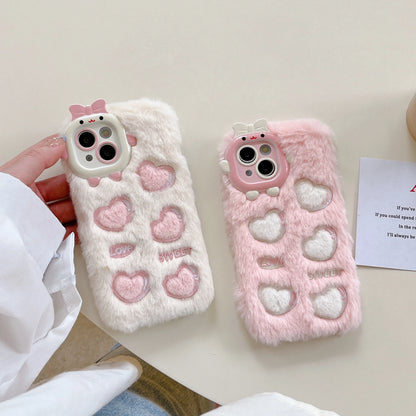 Korean Cute Love Heart Plush Warm Fluffy Phone Case For iPhone